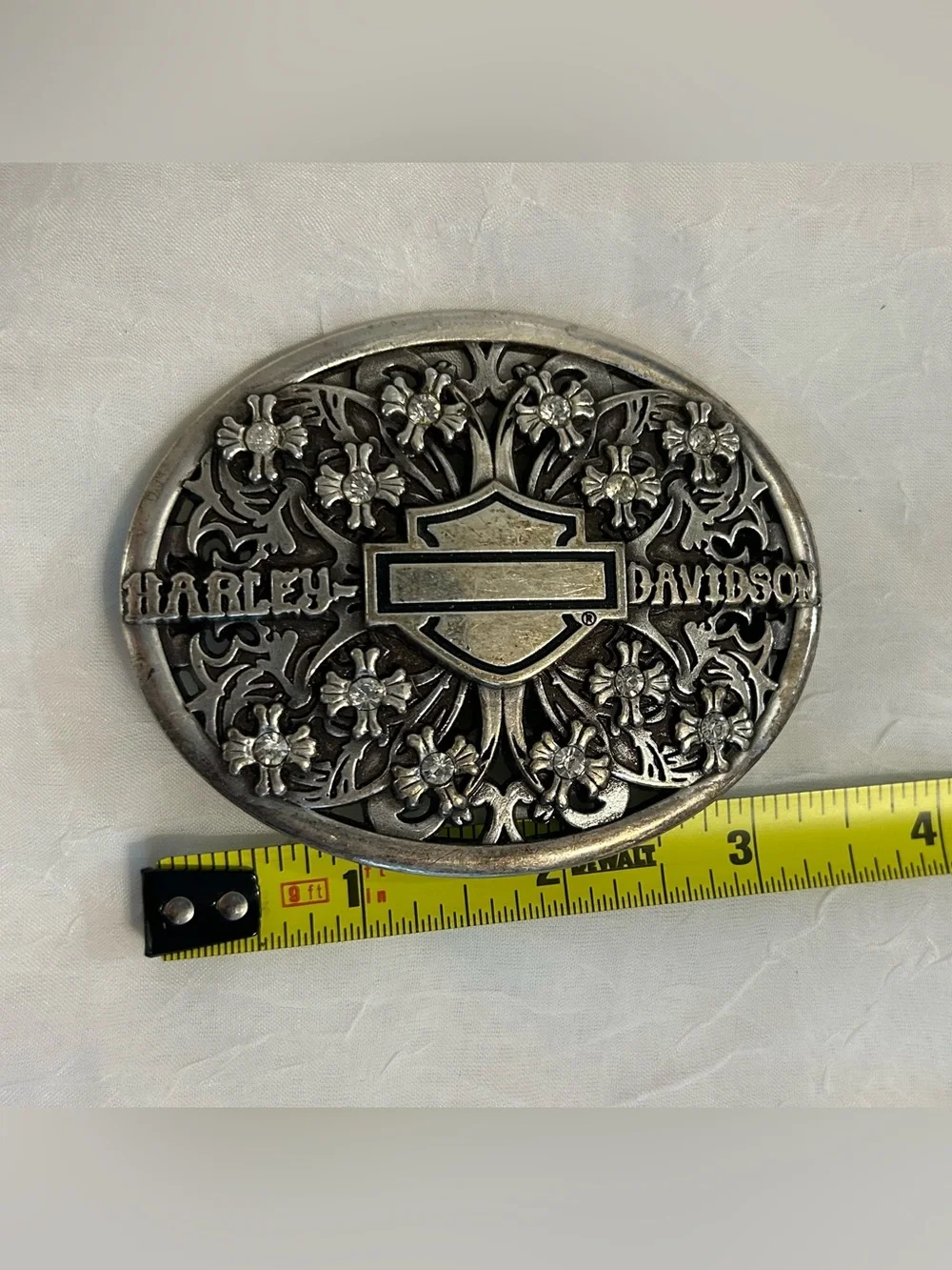 Harley-Davidson Silver Floral Filigree Belt Buckle with Crystal Accents
